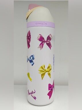 24 oz ,Owala White Bottle with Pastel Bow Print
